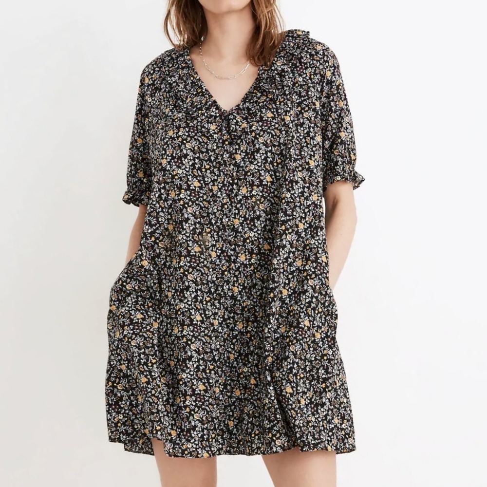 Madewell‎ Ruffle Button-Front Trapeze Dress in Folkmagic Floral Short Sleeve M